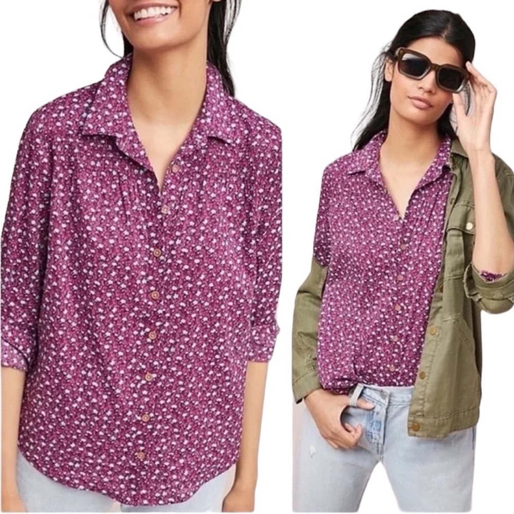 Anthropologie Maeve Floral Button up Long Sleeve Collared Shirt Cotton/Rayon Sz0